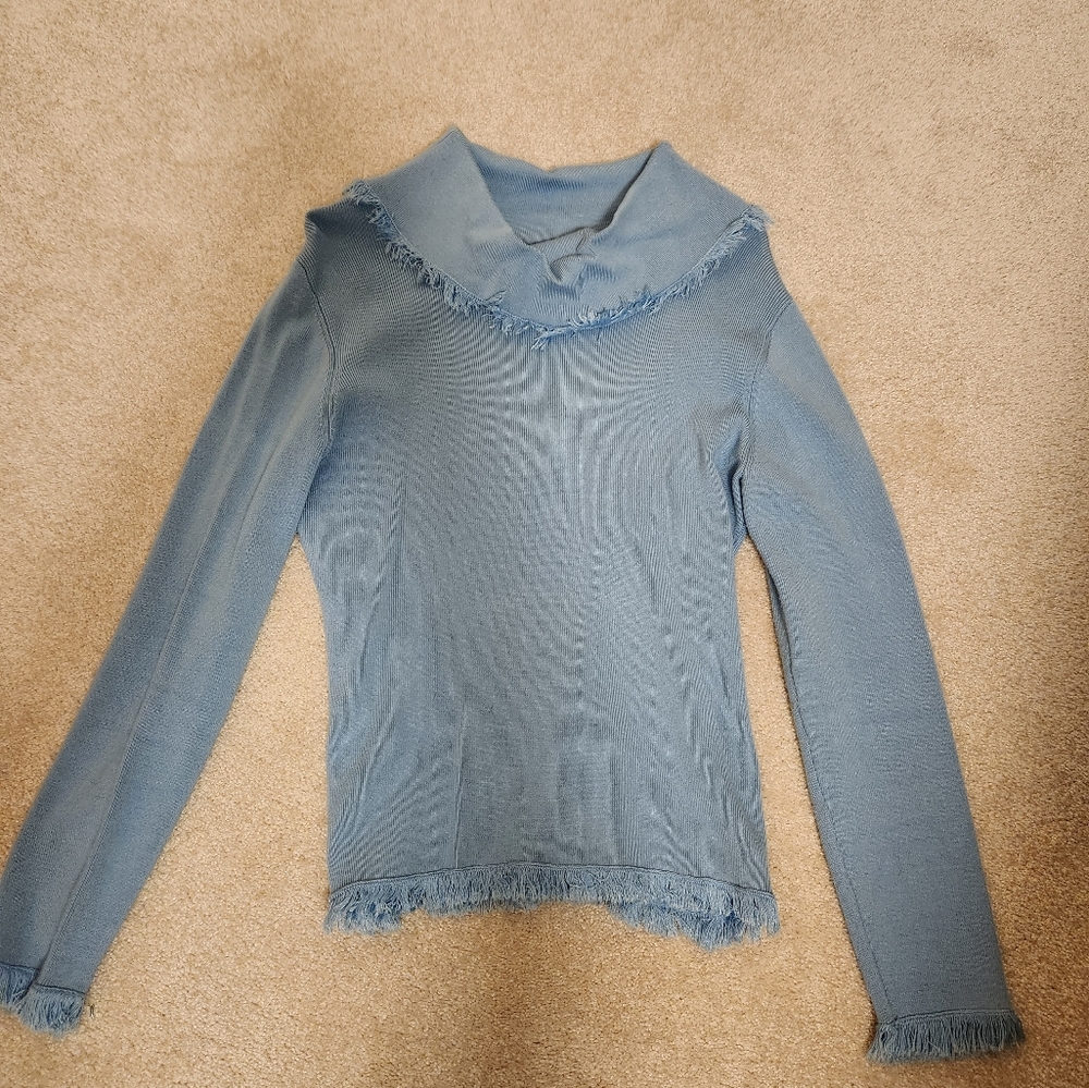 Preswick & Moore blue cowl neck sweater with fringe, size Small